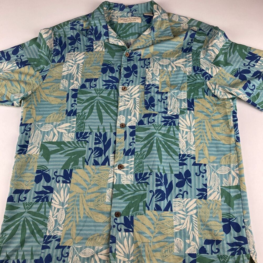 Island Republic Silk Hawaiian Camp Shirt L Blue Tropical Floral Button Up
